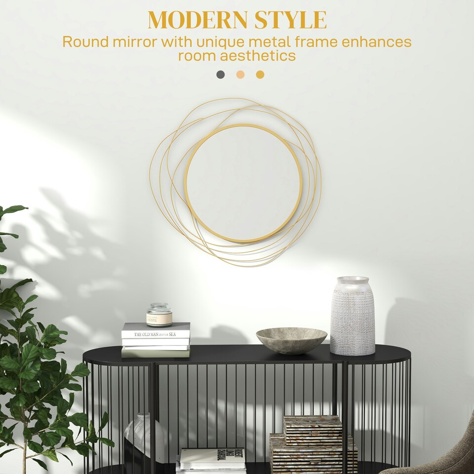 image 1 of HOMCOM Metal Wall Art 65cm Round Mirror for Living Room Dining Room Gold Tone
