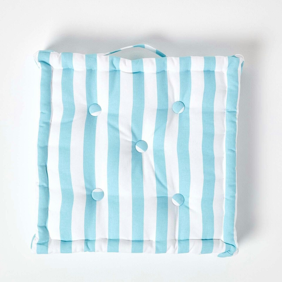 image 1 of Homescapes Cotton Blue Thick Stripe Floor Cushion - 50 x 50 cm | Blue | 50 x 50 cm