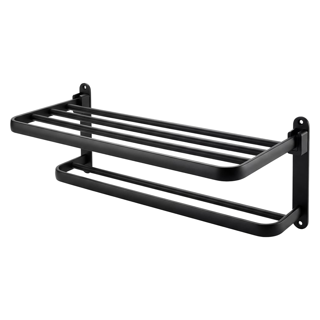 Levede Towel Holder with 2 Bars Wall Mounted No Drill Bathroom Shelf Black
