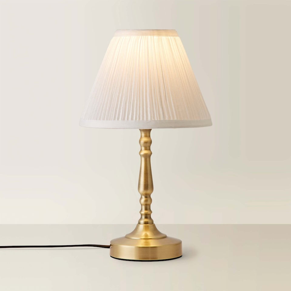 image 1 of ValueLights Sienna Antique Brass Touch Table Lamp With Pleated Cream Shade | Gold