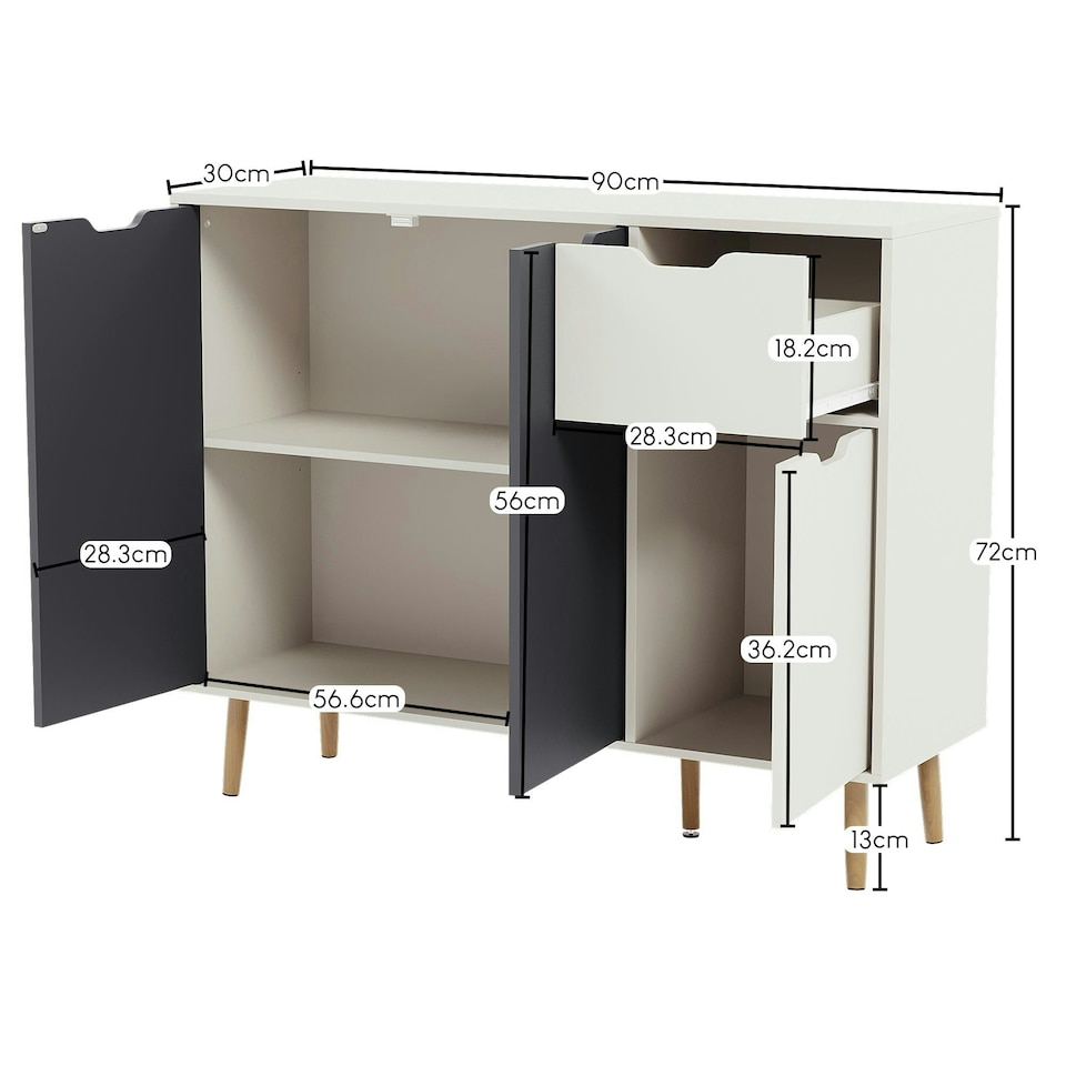 image 1 of Vida Designs 3 Door 1 Drawer Sideboard Buffet Cabinet Storage, White & Grey