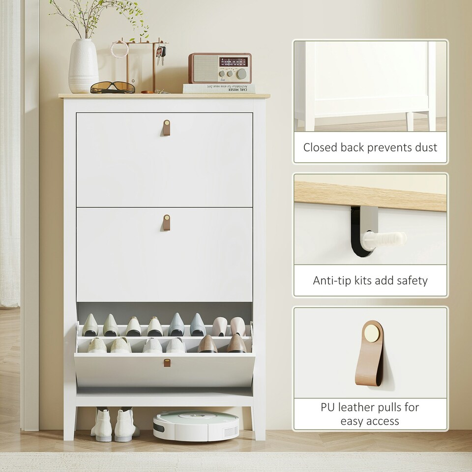 image 1 of HOMCOM 3 Drawer Shoe Cabinet with Flip Doors for Hallway, Entryway White | 80W x 24D x 131H cm