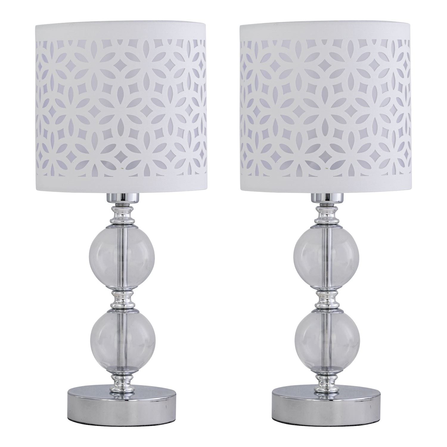 First Choice Lighting Set of 2 Chrome Two Ball Table Lamps with White Cut Out Shades in Silver