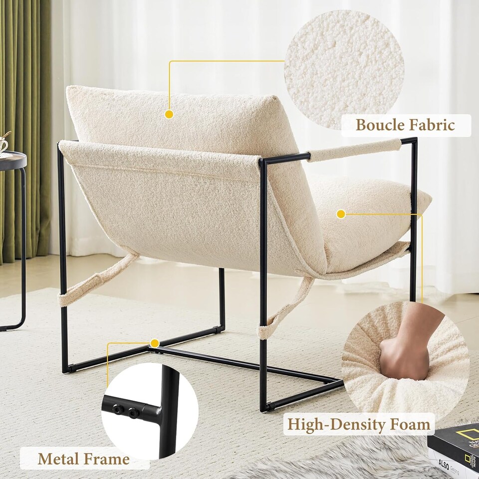 image 1 of Boucle Fabric Lounge Chair with Metal Frame Upholstered Accent chair Luca White