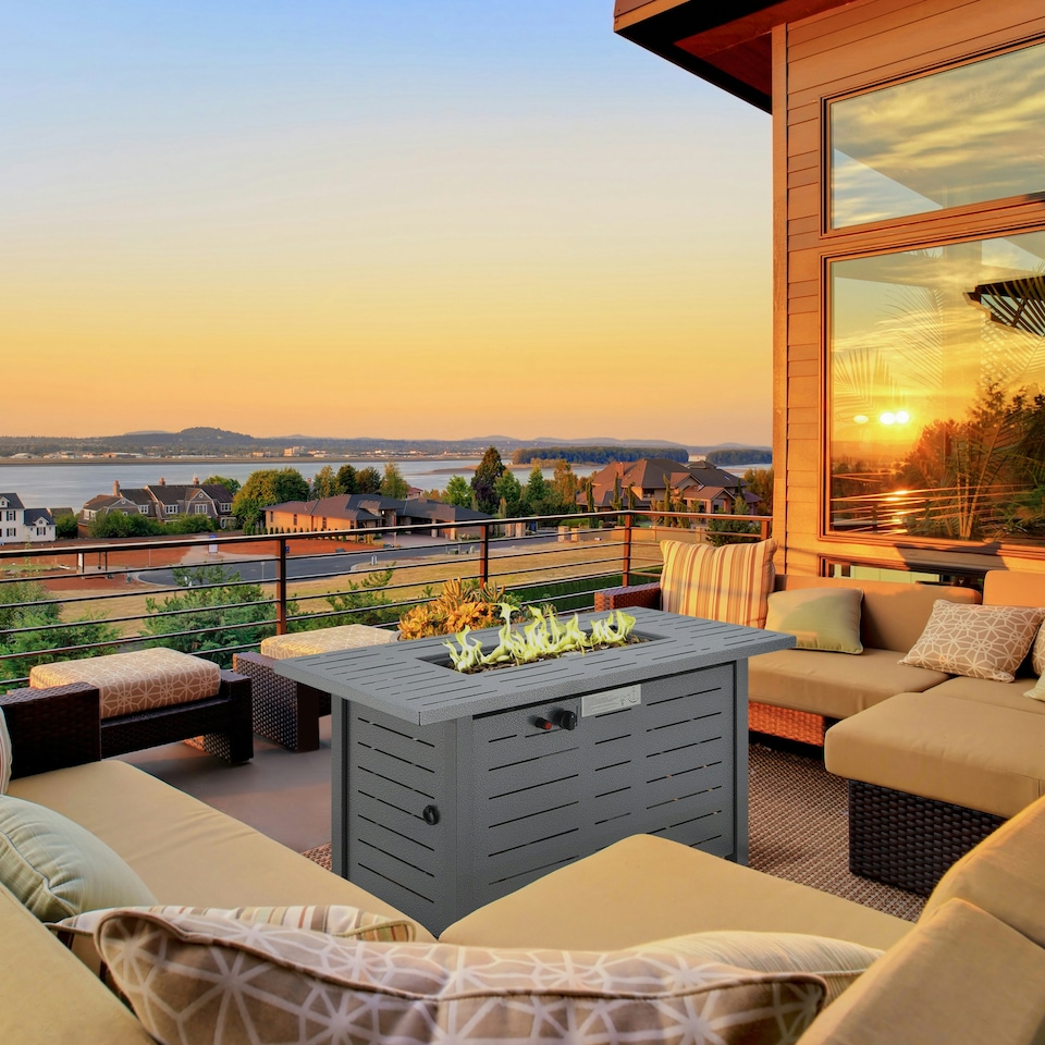 image 1 of Outsunny Outdoor Gas Fire Pit Table Smokeless Firepit w/ Rain Cover, Lid, Grey