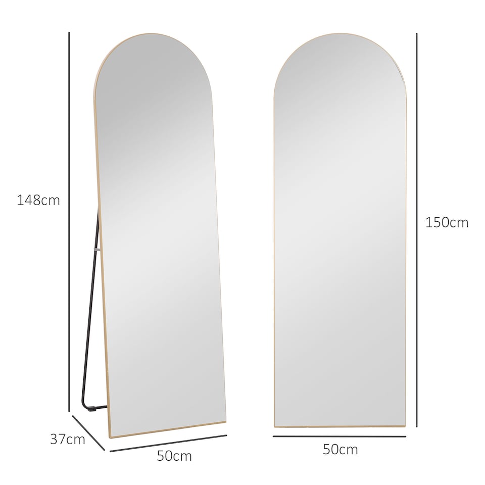 image 1 of HOMCOM Arched Full Length Mirror, 50 150cm Wall Mounted, Leaning, Free Standing Full Body Mirror, Frameless, for Living Room, Bedroom, Gold Tone