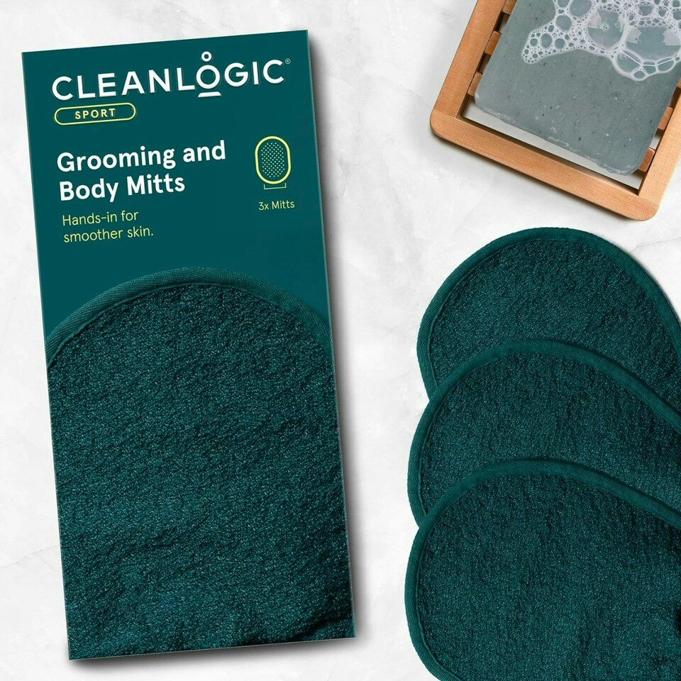 image 1 of Cleanlogic Sport Exfoliating Face & Body Grooming Mitt Contains 3 Pairs