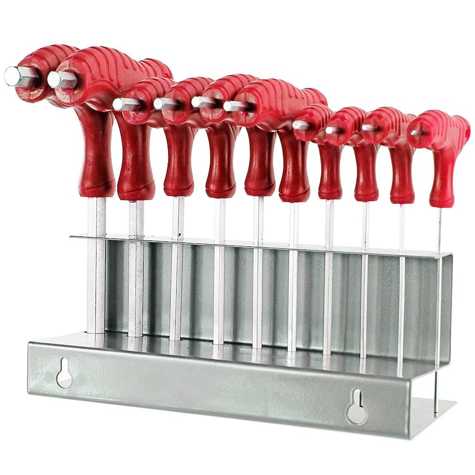 image 1 of SPARES2GO 10 Piece T Handle Imperial SAE Hex Allen Key CR-V Screwdriver Set + Stand