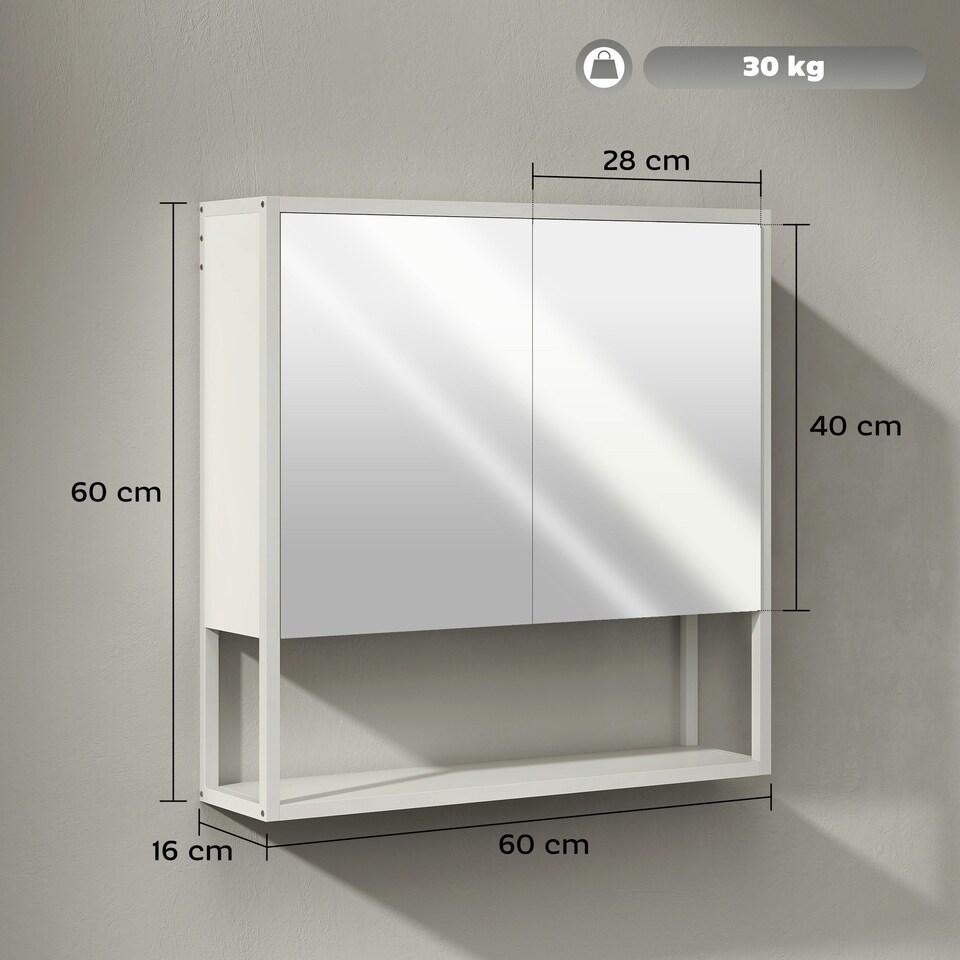 image 1 of HOMCOM Industrial Bathroom Cabinet with 2 Mirrored Doors Open Shelf White