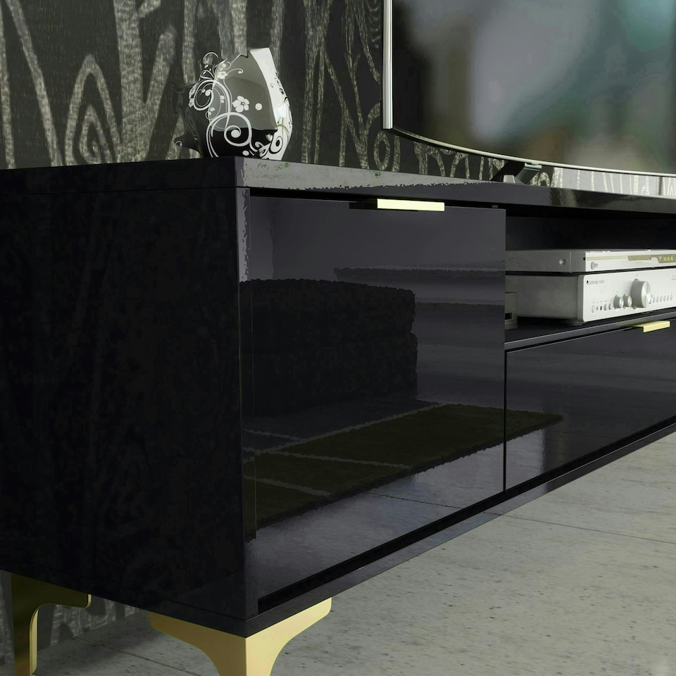 image 1 of TV Unit 200cm Black Gloss Doors with Gold Legs and Centre Drawer Black