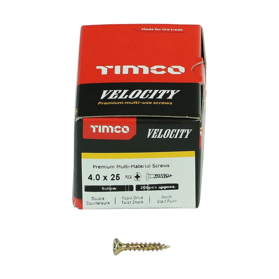 image 1 of Timco - Velocity Premium Multi-Use Screws - PZ - Double Countersunk - Yellow (Size 4.0 x 25 - 200 Pieces)