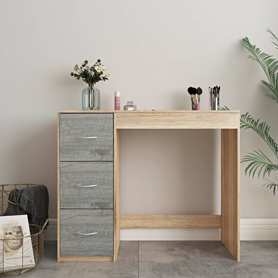 3-Drawer Wooden Desk and Dressing Table - Multi-Functional, 79.5x93x40 cm |  Brown | Oak & Ash Grey | 22.5 x 43.5 x 98.5 | 1 - Tesco Groceries