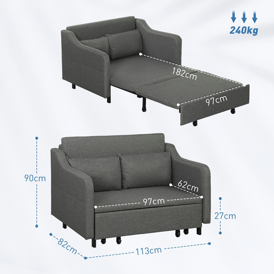 image 1 of HOMCOM Pull Out Sofa Bed, Fabric 2 Seater Sofa Couch for Living Room, Grey