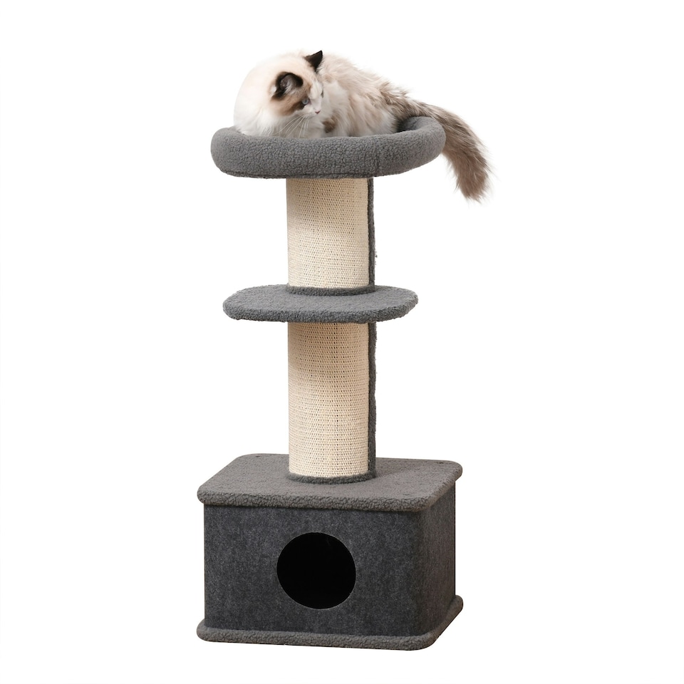 image 1 of PawHut 96cm Multi-level Cat Tree with Scratch Post Removable Cover, Grey