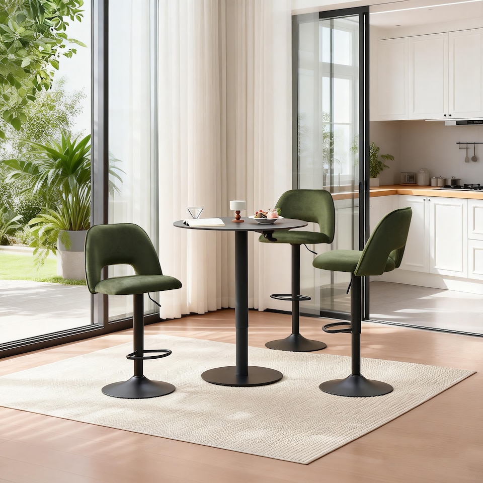 image 1 of SONARA Set of 3 Adjustable Velvet Upholstered Breakfast Bar Stools | Green