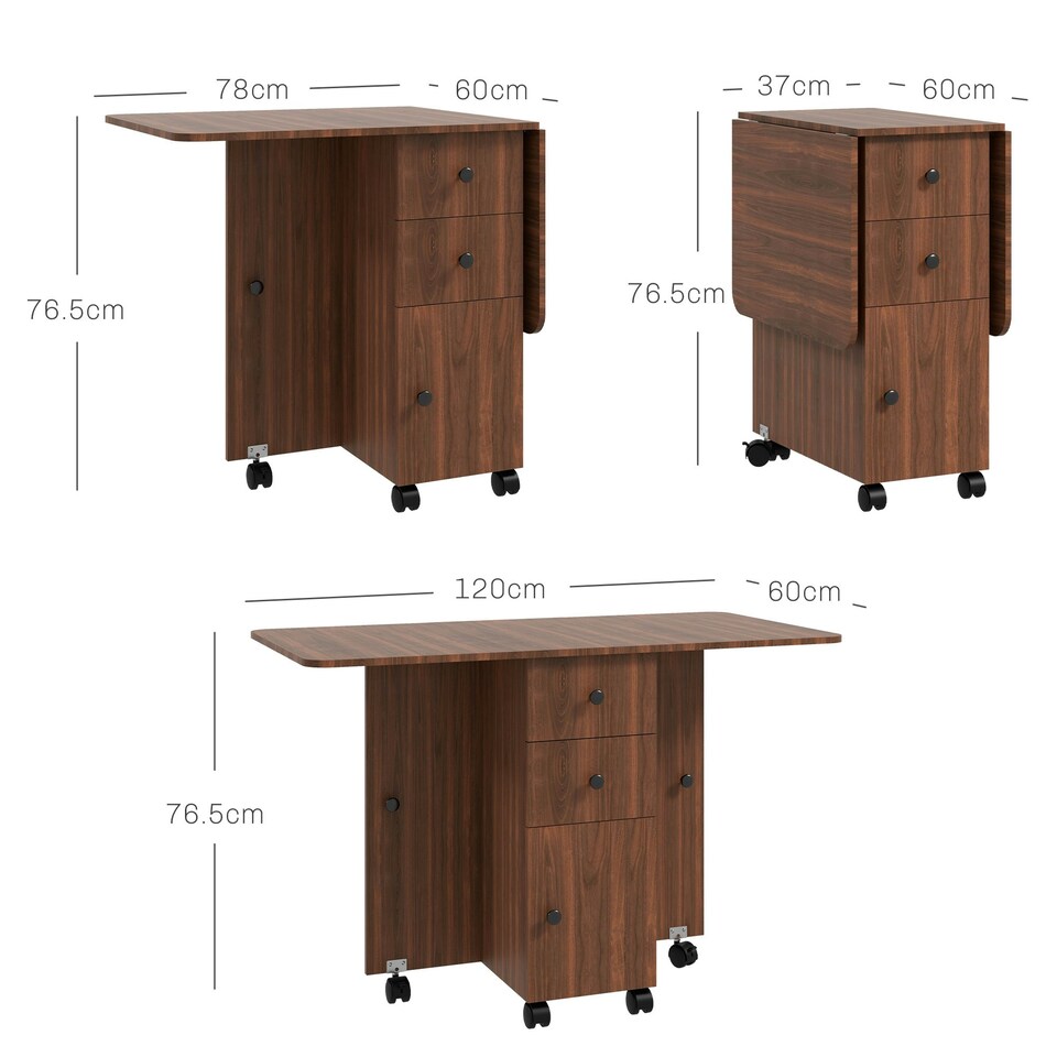 image 1 of HOMCOM Folding Dining Table, Drop Leaf Table With Drawers Distressed Brown