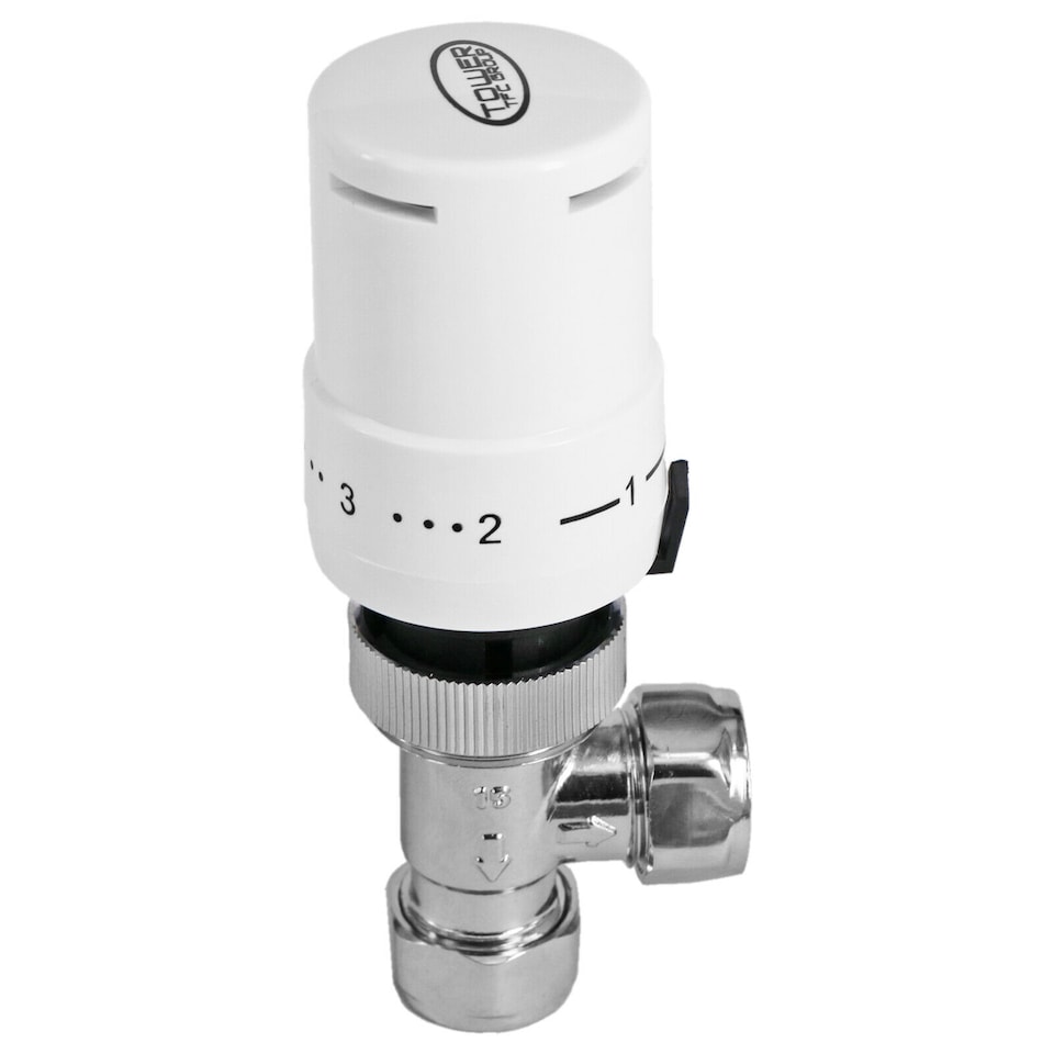 image 1 of Tower TRV Thermostatic Radiator Valve White Angled Lockshield 10-15mm Head Set