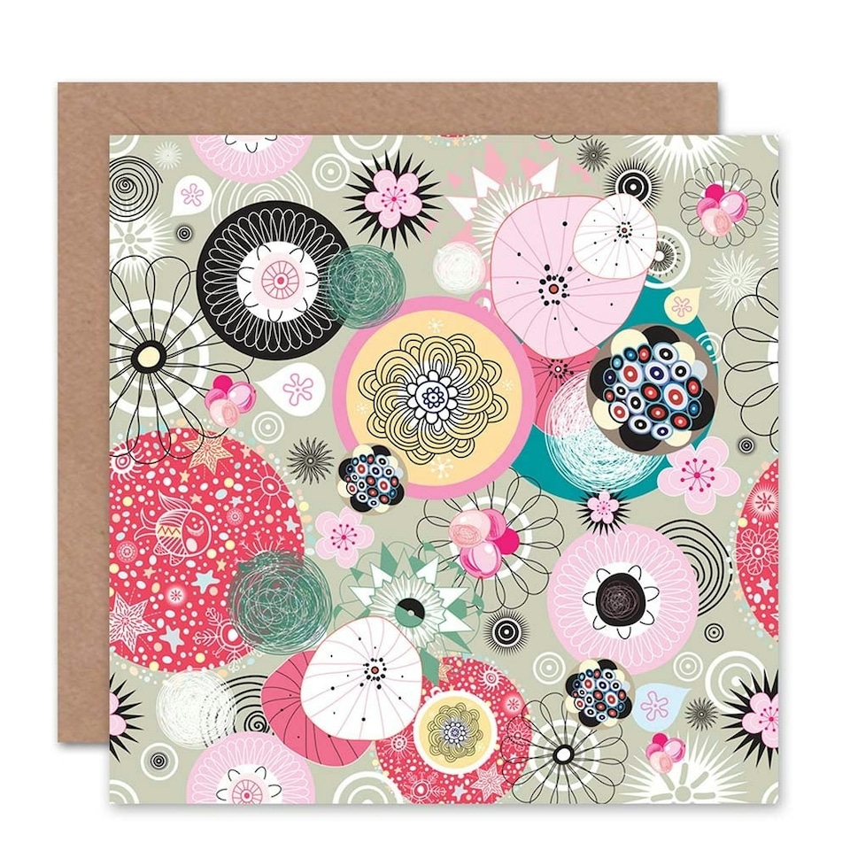 image 1 of Floral Pattern Decorative Pink Grey Circles Art Card
