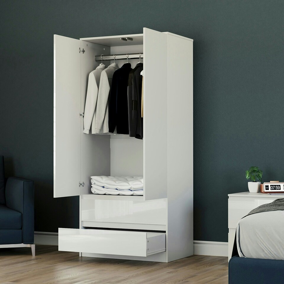 image 1 of Vida Designs Glinton 2 Door 2 Drawer Wardrobe High Gloss Doors With Shelf & Clothes Rail, 100% FSC, White