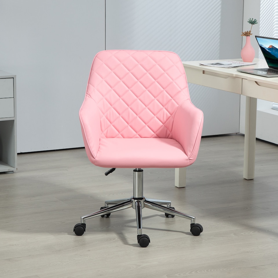 image 1 of Vinsetto Office Desk Chair, Leather-Feel Fabric Computer Swivel Chair with Rolling Wheels and Adjustable Height for Home, Pink