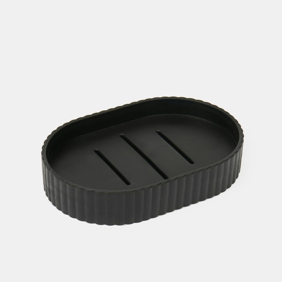 image 1 of OHS 4 Piece Ribbed Bathroom Set Soap Dish Dispenser Toothbrush Holder Tumbler Toilet Brush Accessories Organiser - Black