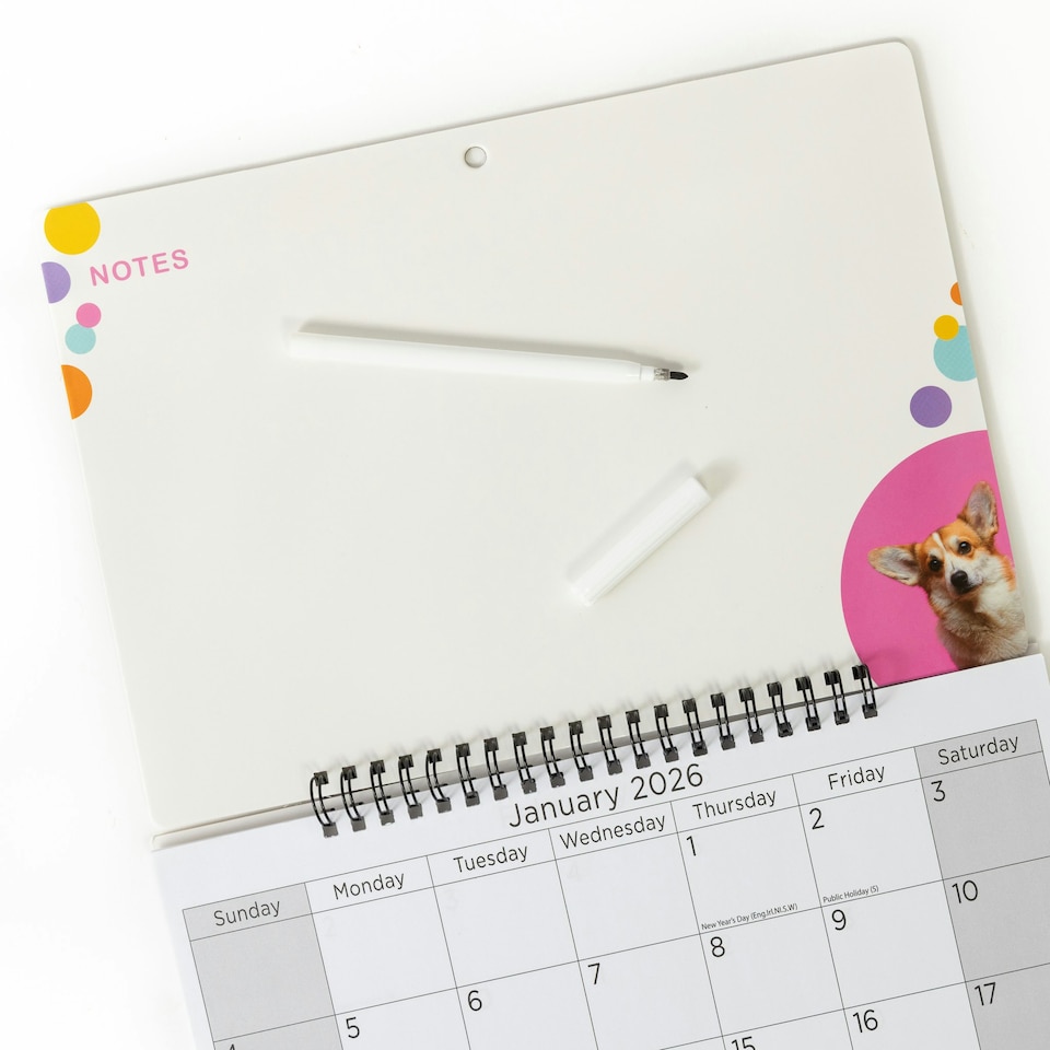 image 1 of 2026 Monthly Memo Board Calendar & Pen Puppy Design