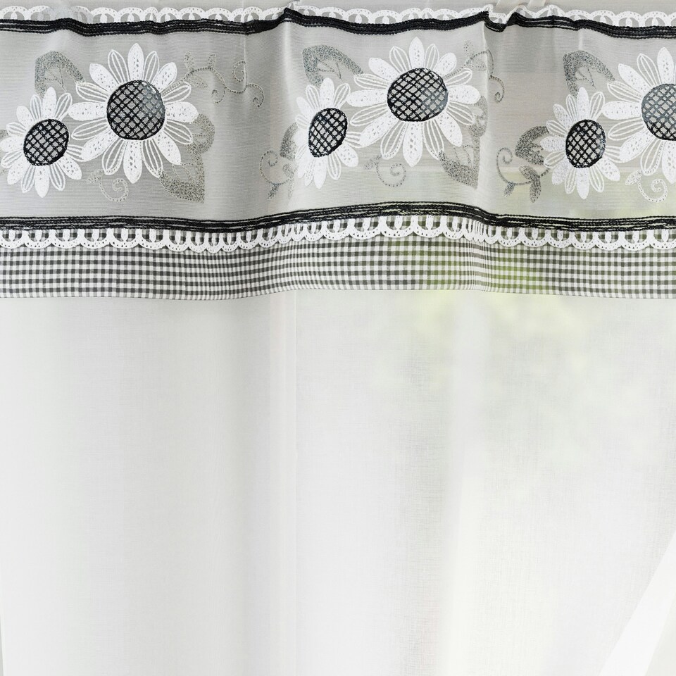 image 1 of Keswick Black Floral Embroidery Window Set 249 x 122 cm Rod Pocket Window Set with Attached Valance and 2 Matching Tie Backs