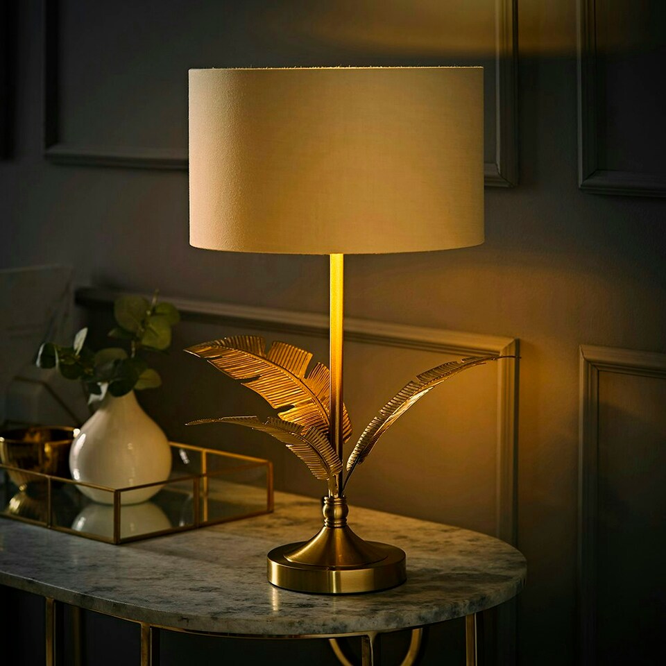 image 1 of ValueLights Christina Natural with Metallic Gold Drum Shade Gold Palm Leaf Table Lamp & Bulb Gold