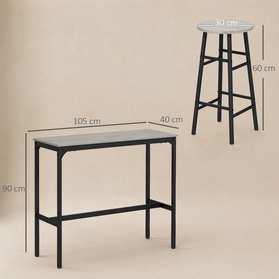 image 1 of HOMCOM 3 Piece Bar Set with 2 Stools, Industrial Kitchen and Chair Set Grey