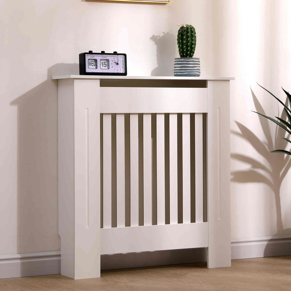 image 1 of Oypla Small White Wooden Slatted Grill Radiator Cover MDF Cabinet