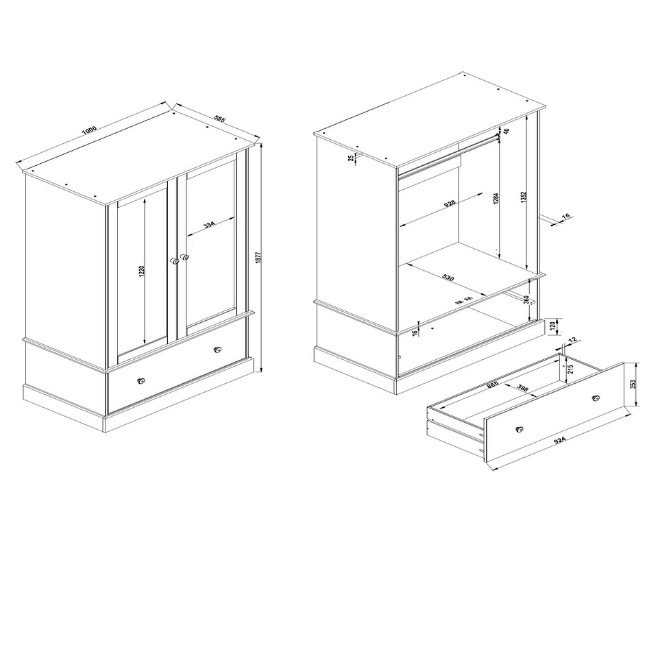 image 1 of Cotswold, 2 Mirror Door, 1 Drawer Wardrobe Brown
