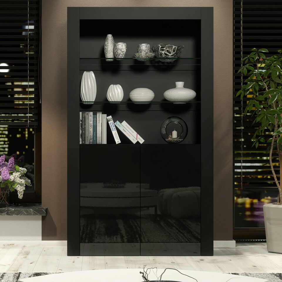image 1 of Modern Display Cabinet with Glass Shelves | Living Room Storage Unit | Black High Gloss Cupboard Doors Multi | Oak & Black