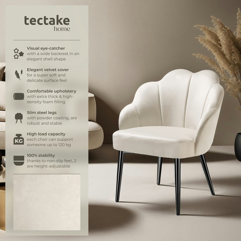 image 1 of Accent Chair Hellen - velvet cover, padded, extra-wide shell-shaped backrest - per piece Cream | Cream/Black