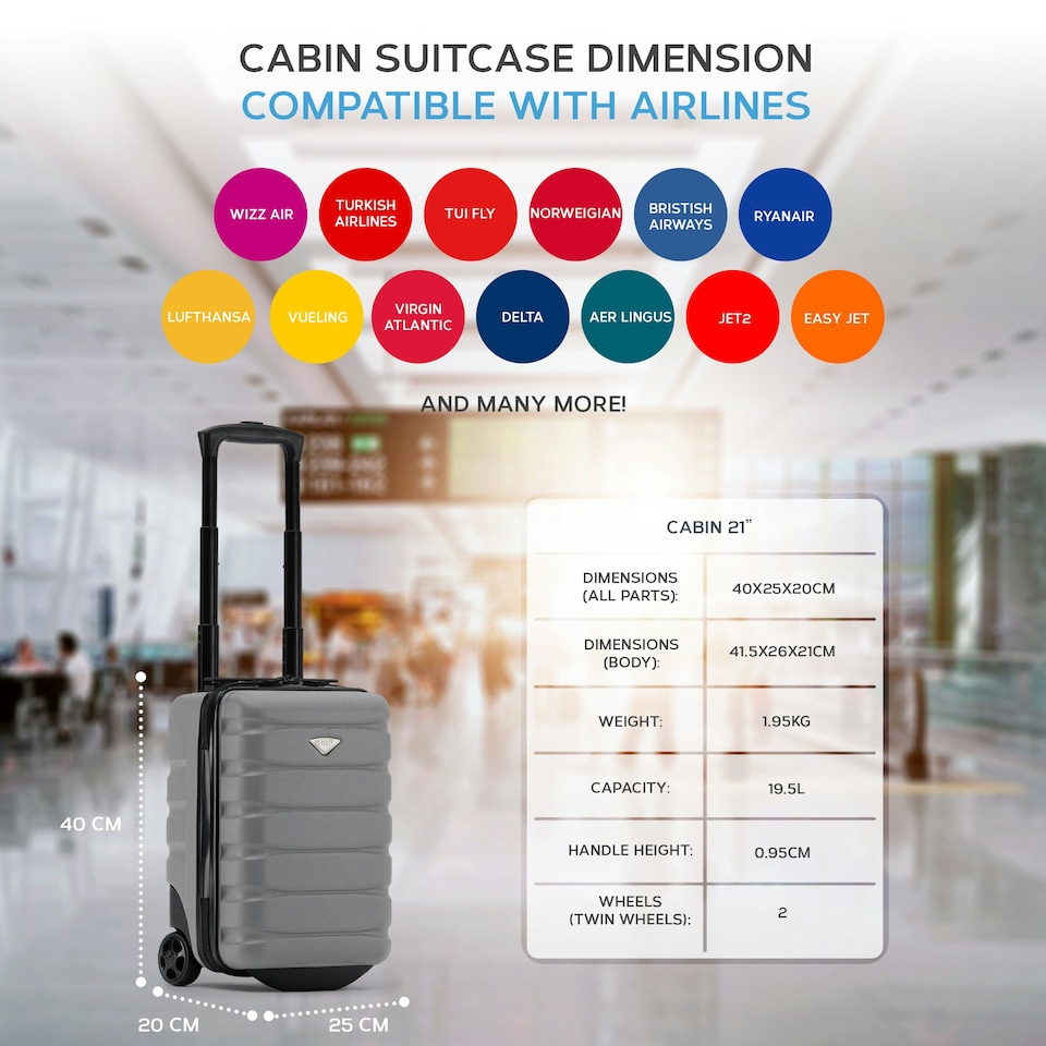 image 1 of Flight Knight Lightweight 2 Wheel ABS Hard Suitcase Cabin Hand Luggage 100+ Airlines Approved - British Airways, Ryanair & easyJet Free Carry On 40x20x25cm Grey | Charcoal | Cabin Bag