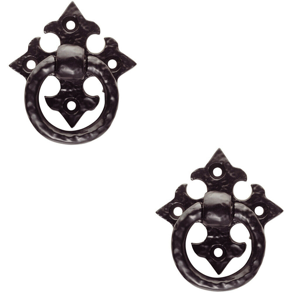 Loops 2x Ornate Cabinet Ring Pull on Cross Backplate 35mm Fixing Centres Black Antique