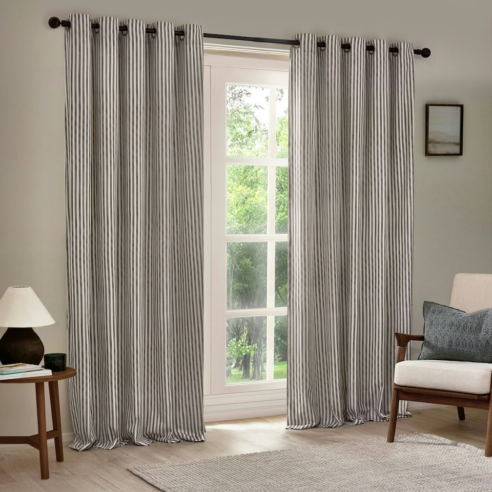 image 1 of Yard Hebden Striped Cotton Grey Eyelet Curtains 229 x 137cm Multi