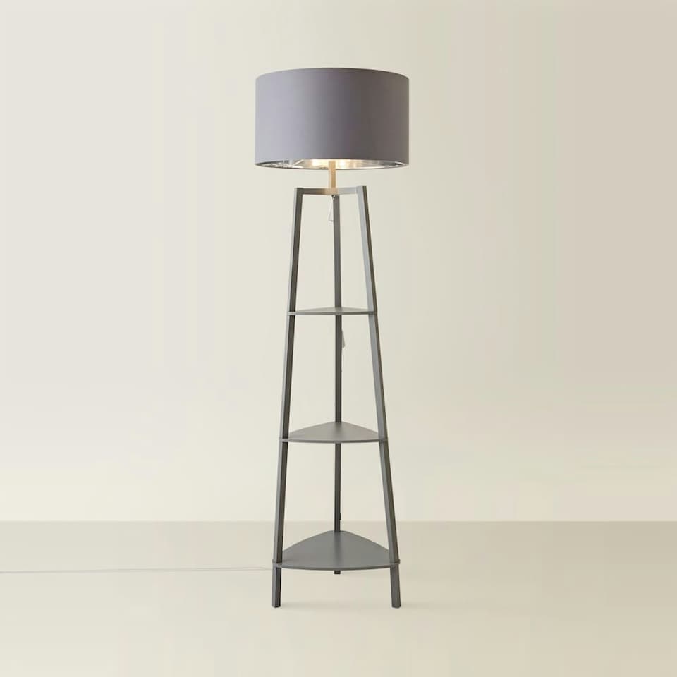 image 1 of ValueLights Hiru Grey 3 Tier Shelf Floor Lamp Grey Chrome Shade Grey