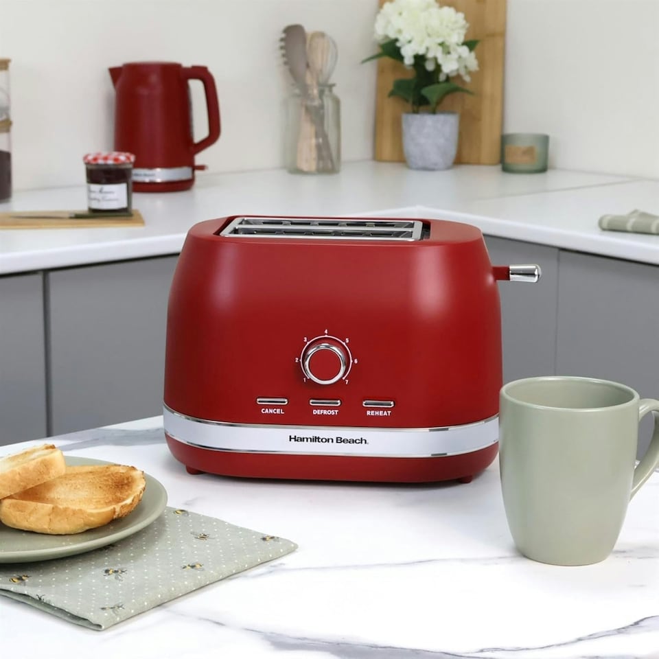 image 1 of Hamilton Beach Kettle, Toaster & Microwave Set, Ella, 1.7L Electric Kettle, Wide Slot Toaster 2 Slice, Microwave, 20L Retro, Kettle & Toaster Set, Red