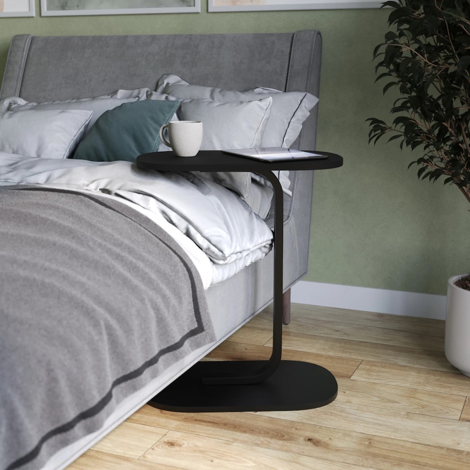 image 1 of C Shaped Oval Side End Wood & Metal Table Bedside Couch Sofa Living Room Bedroom | Multi | Black