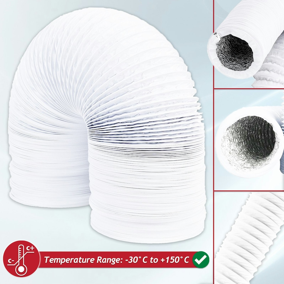 image 1 of SPARES2GO Universal Air Con Vent Hose 5" x 2.5m PVC Aluminium Foil Insulated Portable Air Conditioner Duct Outlet Pipe + Clips White