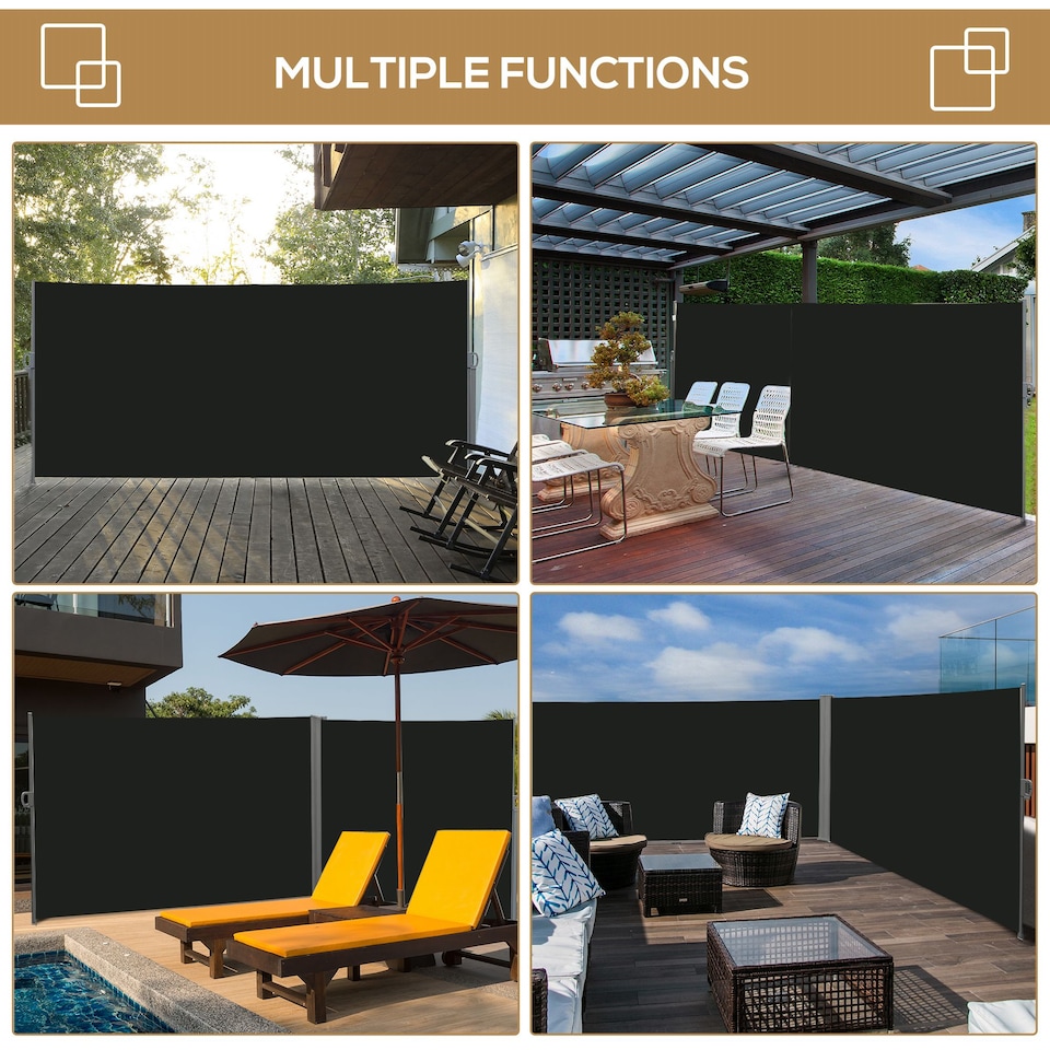 image 1 of Outsunny 3x2M Retractable Side Awning Screen Fence Patio Privacy Divider Black | Black | Black