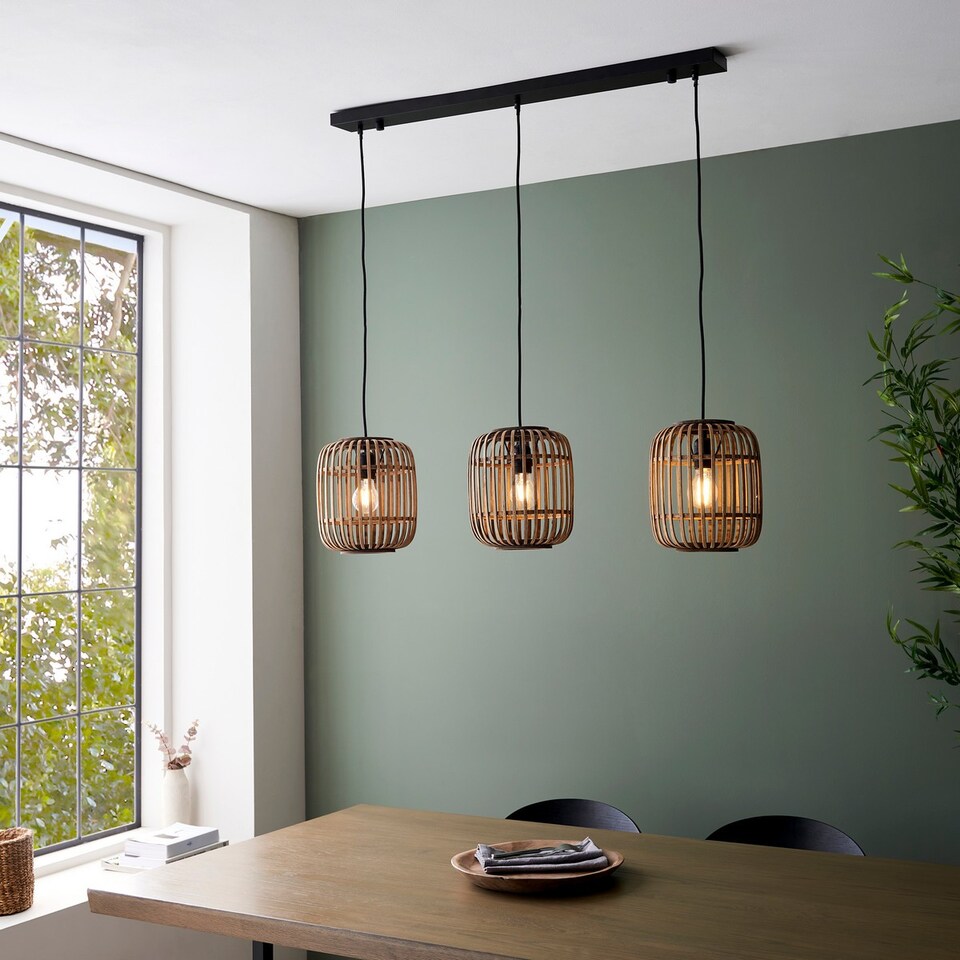 image 1 of Mathias Bar Pendant Ceiling Lamp, Natural Bamboo, Plywood, Matt Black Paint