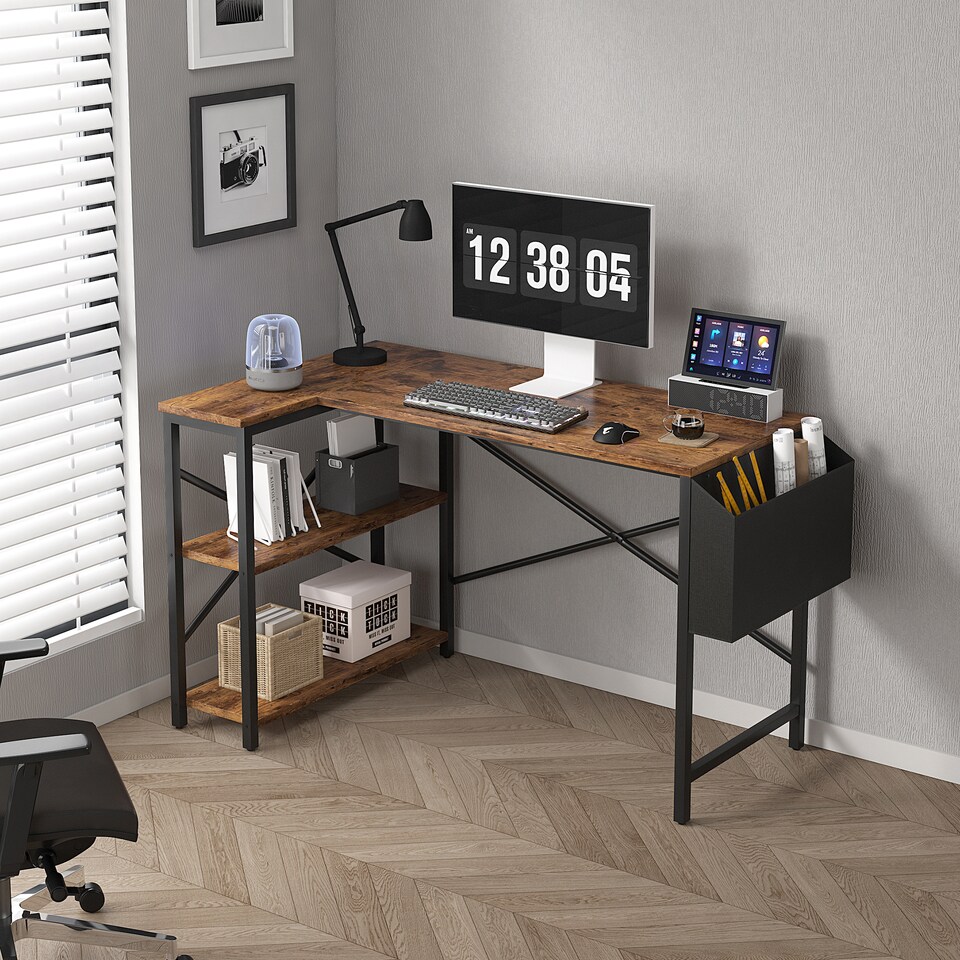 image 1 of MCC Direct Computer Desk L Shaped Corner Desk with Adjustable shelves - Lotus 120cm Brown | Brown