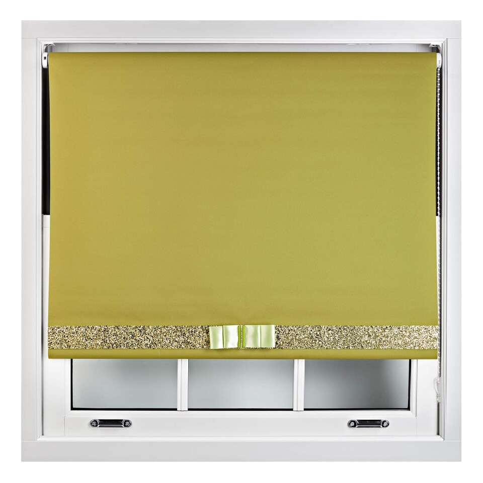 image 1 of FURNISHED Blackout Roller Blind with Gold Glitter Trim and Green Bow Cut to Size | Green | Green | (W) 210cm x (L) 165cm