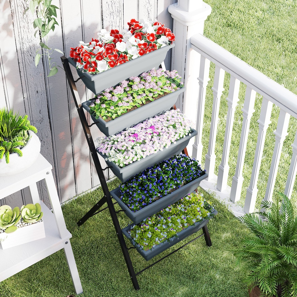 image 1 of Outsunny 5-Tier Raised Garden Bed, Ladder Planter with 5 Removable Boxes | Grey | Grey | 1