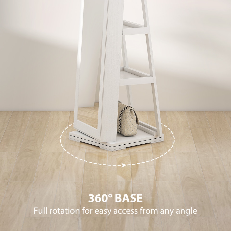 image 1 of HOMCOM 360  Swivel Jewellery Cabinet, Free Standing Full Length Mirror with Storage, Lockable Jewellery Organiser with Built-in Makeup Mirror and Storage Shelves for Bedroom, White