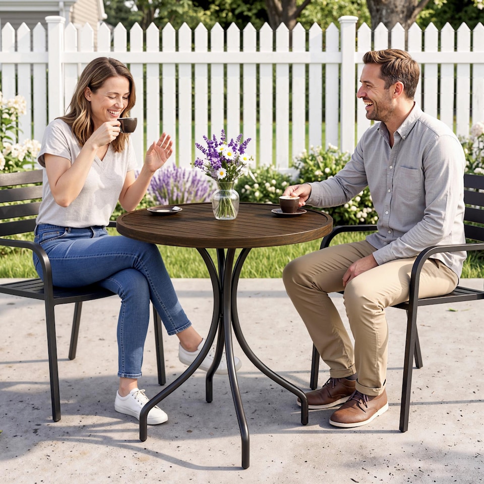 image 1 of Outsunny Round Garden Table Outdoor Side Table with Steel Frame Brown | Brown | Brown Wood Grain