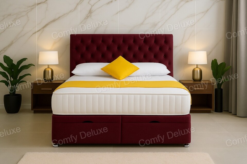 image 1 of Maroon Chesterfield Matching Buttons Plush Velvet End Lift Ottoman Divan Bed Set 5ft Kingsize with Headboard & Mattress