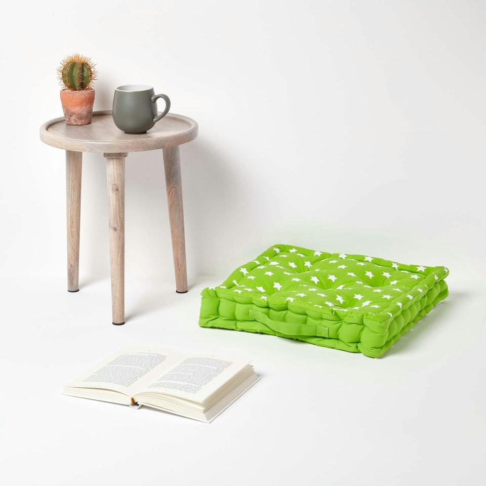 image 1 of Homescapes Cotton Green Stars Floor Cushion - 50 x 50 cm | Green | 50 x 50 cm