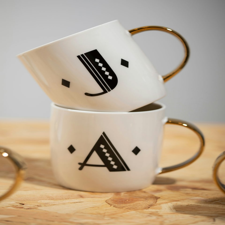 image 1 of Interiors By Premier Diamond Deco J Letter Monogram Mug,Reusable Coffee Cup,White Glazed Travel Mug,Gold Finish Personalized Cup